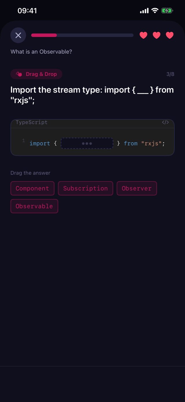 Drag and drop exercise completing an RxJS import statement