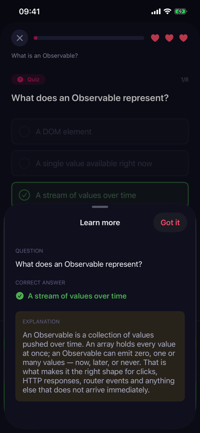 Explanation panel describing what an Observable is after answering a question